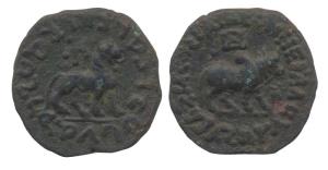 Indo-Scythians, Azes, Copper, 14.32 g, awalking bull to right on obv; a walking lion to ri