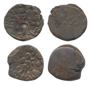 Mathura, Brahmamitra, Copper (2), standing Lakshmi on obv, Brahmi legend around. Fine+, Ra