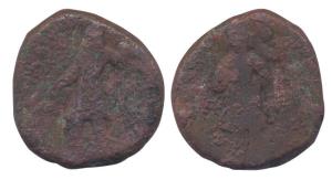 Kushanas, Kanishka I, Copper, BODDO type, king standing on obv; Buddha standing on rev. Fi