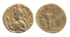 Kushanas, Huvishka, Gold, Dinar, Arodxo type, king seated to left holding a mace and legen