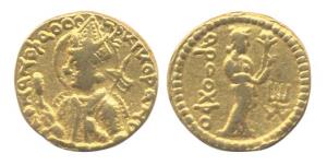 Kushanas, Huvishka, Gold, Dinar, Arodxo type, king seated to left holding a mace and legen