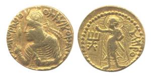 Kushanas, Huvishka, Gold, Dinar, MIPO type, king seated to left with a mace on obv; a God 