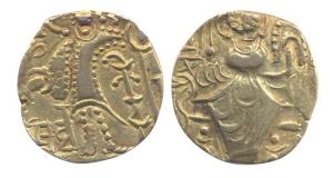 Kidar Kushanas, Base Gold, king standing to left on obv; crude execution of Lakshmi on rev