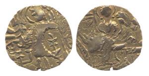 Kidar Kushanas, Base Gold, king standing to left on obv; Lakshmi seated on a throne on rev