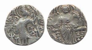 Kidar Kushanas, Base Gold, king standing to left on obv, with shka initials; Lakshmi seate
