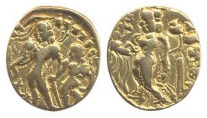 Guptas, Chandragupta II, Gold, Dinar, Chhatra type, king standing to left on obv with an a