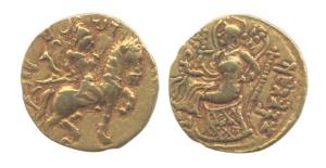 Guptas, Chandragupta II, Gold, Dinar, Horseman type, king mounted on horse to right and ho