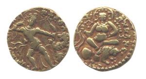 Guptas, Kumaragupta I, Gold, Dinar, Lion-Slayer type, king king a lion by a bow and arrow 