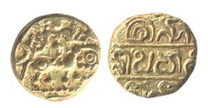 Nolambas of South India, Gold, Pagoda, Goddess Durga standing on an elephant type on obv; 
