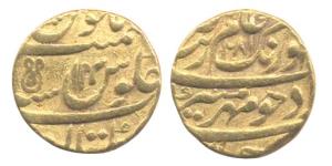 Aurangzeb, Gold, Mohur, Multan Mint, RY 14. An unusual mint mark on rev. Fine+, Scarce.