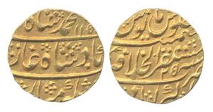 Muhammad Shah, Gold, Mohur, Akabarabad Mint, AH 115x/25. Broad flan, Very Fine+, Scarce.