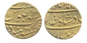 Muhammad Shah, Gold, Mohur, Khujista Bunyad Mint, RY 4. Very Fine.
