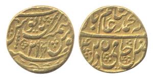 Najibabad Mint, Gold, Mohur, in the name of Shah Alam II, RY 21, mint name at top on rev; 