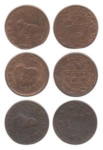 Holkars, Copper (3), ½ Adhela, ½ Dheleka Paisa, and ½ Paisa. Very Fine to About Extremely 