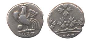 Pondicherry, Silver, 2 Fanon, Peacock on obv; 1837 (KM# 55). Extremely Fine, Very Rare.