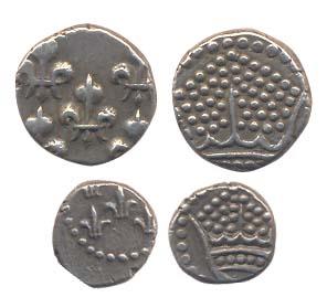 Pondicherry, Silver (2), 1 & ½ Fanon, 5 lilies on obv; crown on rev (Ad 1720-1837). KM# 39