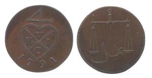 1/2 Pice, Copper, 1791, Proof, oblique milling. Proof, Very Rare.