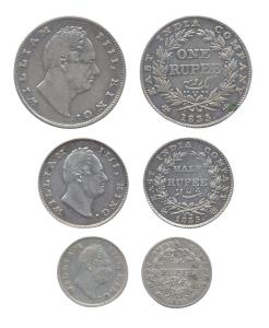 William IV, Silver (3), Set of 3: Rupee, ½ and ¼ Rupee, 1835. Very Fine+, Rare as a set. (
