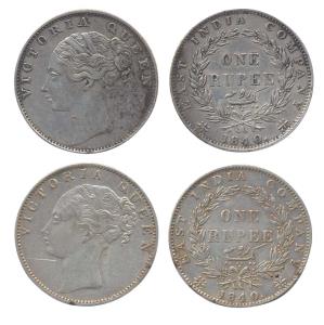 Queen Victoria, Silver (2), Rupee, 1840, Continous Legend type, 34 Barries variety. Very F