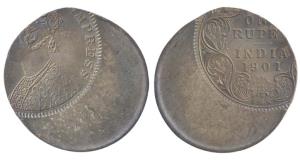 Victoria Empress, Silver, Rupee, 1901, Calcutta Mint, Error, obverse & reverse 60% off cen