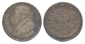 George V, Silver, Rupee, 1918, obverse & reverse shifted up hence the legend is partly out