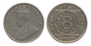 George V, Nickel, 8 Annas, 1919. About Extremely Fine, Scarce.