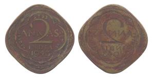 George VI, Brass, 2 Anna, 1943, reverse brockage (Lakhi). About Very Fine, Scarce