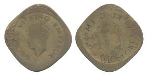 George VI, Brass, 2 Anna, obverse brockage (lakhi), die crack on obverse can be seen on th