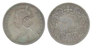 Victoria Empress, Silver, Rupee, 1884, PM (Portuguese Mozambique) & crown countermark on o