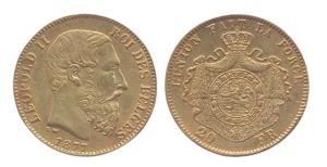 Belgium, Leopodd II, Gold, 6.5 g, 20 Francs, 1877 (KM# 37). Very Fine.