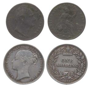 Great Britain, William IV, Copper, Farthing, 1837; Victoria, Silver, 1 Shilling, 1872. Fin