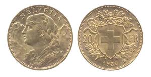 Switzerland, Gold, 6.5 g, 20 Franks, 1930. UNC.