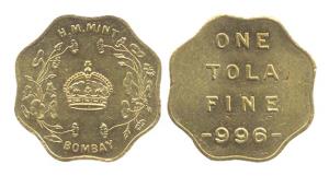 Gold Tola Token, Bombay Mint, 11.6 g, pre-1947 issue, .996 fineness. Extremely Fine.