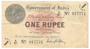 George V, Rupee 1, 1st issue, 1917, signed M. M. S. Gubbay, (Jhun #1.1B). About Very Fine.