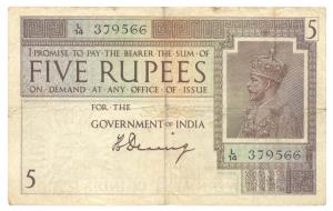 George V, Rupees 5, 1st issue, 1925, signed H. Denning, (Jhun# 4.1A). Fine+.