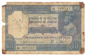 George V, Rupees 10, 2nd issue, 1926, signed J. B. Taylor, (Jhun #7.2). Fair