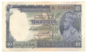 George V, Rupees 10, 3rd issue, 1933, signed J. W. Kelly, (Jhun #8.2). Slight tear on top 