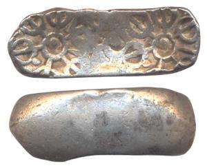 Punch-marked Coins, Gandhara Janapada, 6th century BC, Silver, Bent Bar, usual two symbol 
