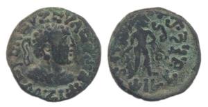 Indo-Scythians, Azes, Billon, Tetradrachm, Bust of the ruler to right on obv, deity on rev