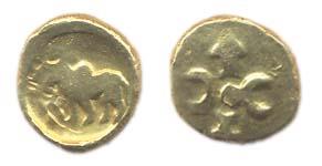 Taxila, Gold, 2.2 g, a bull walking to left on obv, a typical Taxila symbol on rev. About 