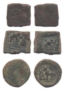 Taxila, Copper (3), Elephant to right, elephant to left with upraised trunk in front of a 