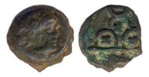 Ujjain, Vijayamita, Bell metal ½ unit (5.38 g), Greek profile portrait on obv, three arche