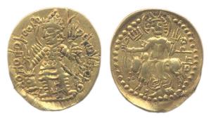 Kushano-Sassanian, Gold, 7.9 g, King standing to left on obv; Shiva and Nandi on rev. Elon