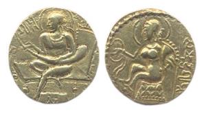 Guptas, Samudragupta, Gold, Dinar, Lyrist type, king playing a veena on obv and a goddess 