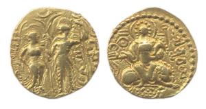 Guptas, Samudragupta, Gold, Dinar, King and Queen type, king standing to left offering an 