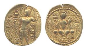 Guptas, Samudragupta, Gold, Dinar, Standard type, king standing, holding a Standard in his