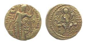 Guptas, Samudragupta, Gold, Dinar, Standard type, king standing, holding a Standard in his