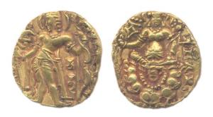 Guptas, Chandragupta II, Gold, Dinar, Archer-Swordsman type, king standing to left carryin
