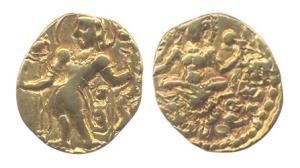 Guptas, Chandragupta II, Gold, Dinar, Archer type, king standing to left with a bow in his