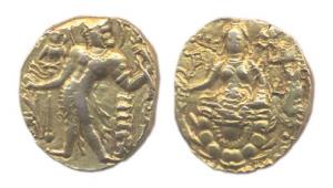 Guptas, Chandragupta II, Gold, Dinar, Archer type, king standing to left with a bow in his